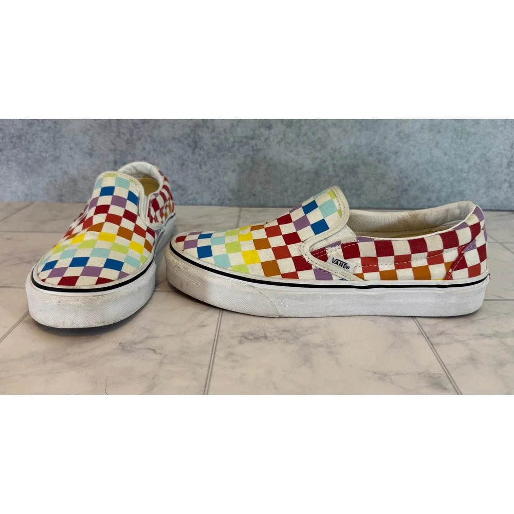 Vans Classic Slip-On Rainbow Checkerboard Sneakers Mens 7 Womens 8.5 Multi Color
